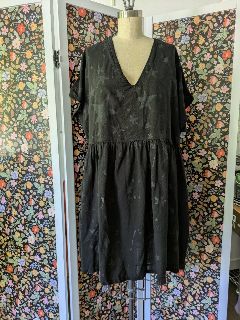Paper Temples Black V-Neck Dress with Black Star Print, O/S